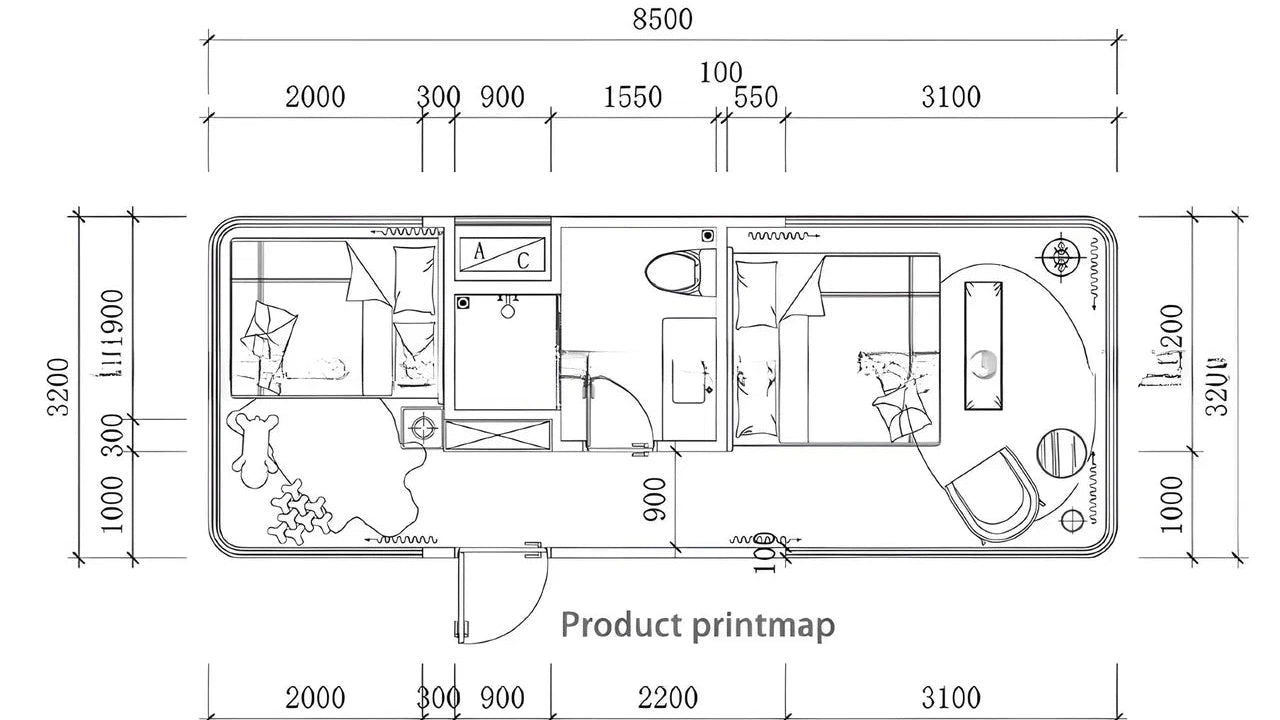 Floor plan diagram of a sx-2 flow space capsule modular pod with dimensions labeled