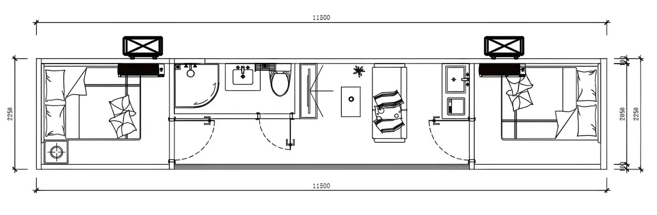 Floor plan of an Extended Apple Cabin with room labels and dimensions