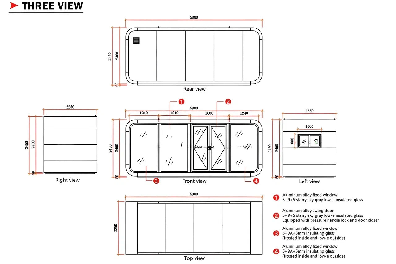 Technical drawing of a compact Apple Cabin modular unit with three views and dimensions on a white background