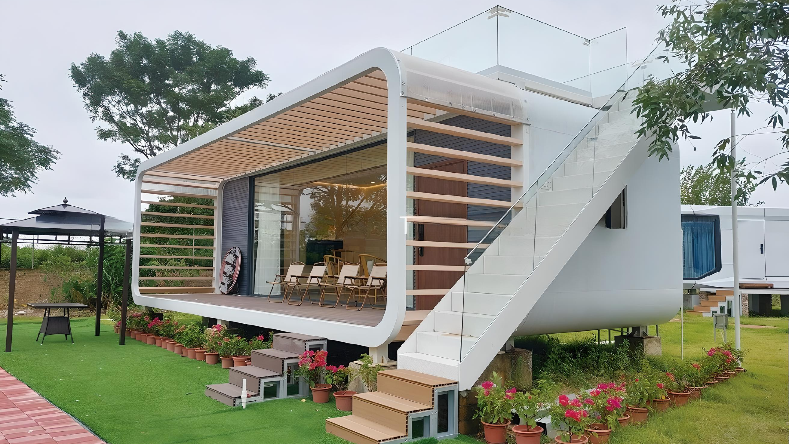 Modern apple Cabin pod for glamping hotel with a glass staircase and outdoor garden