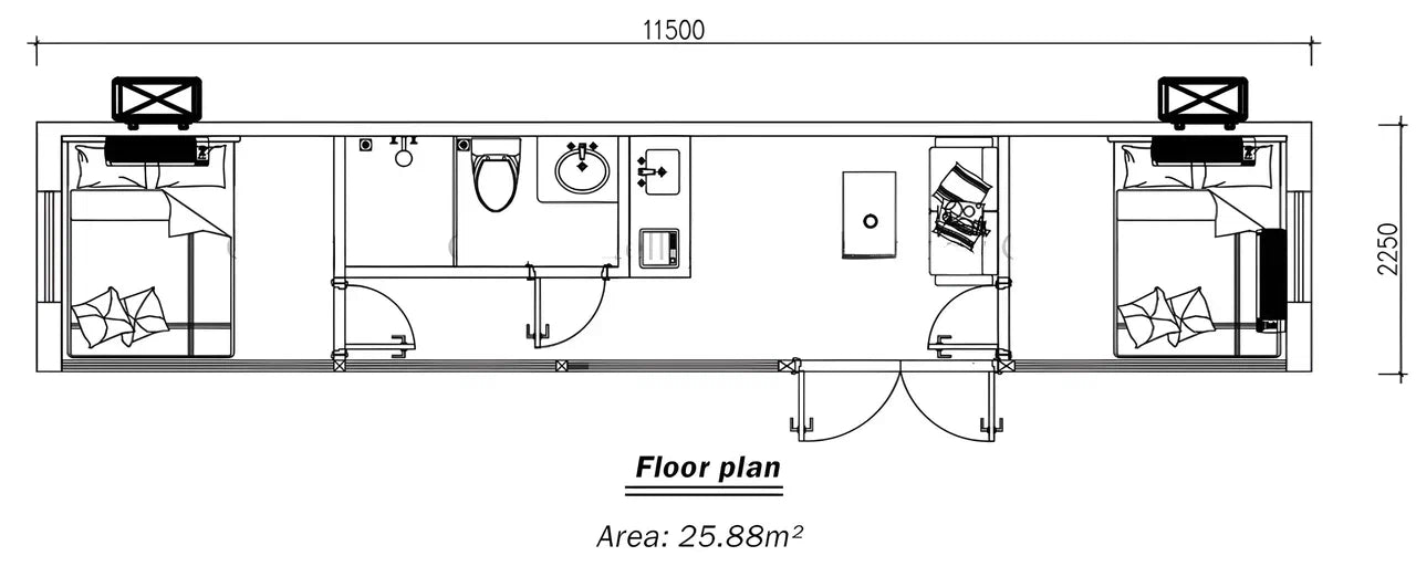 Floor plan of a AP-3 Extended Apple Cabin unit with room layout and dimensions.