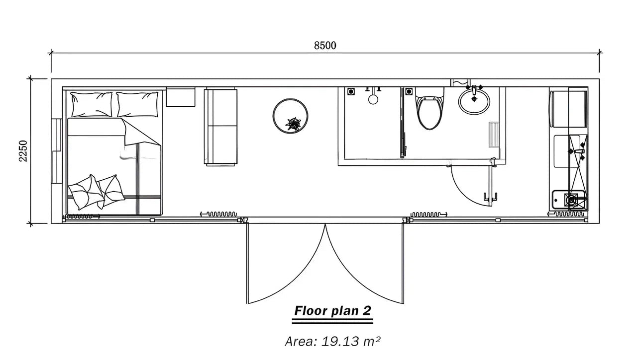 Floor plan of a small living space with dimensions and furniture layout for Balanced AP-2 Apple Cabine