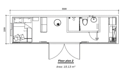 Floor plan of a small living space with dimensions and furniture layout for Balanced AP-2 Apple Cabine