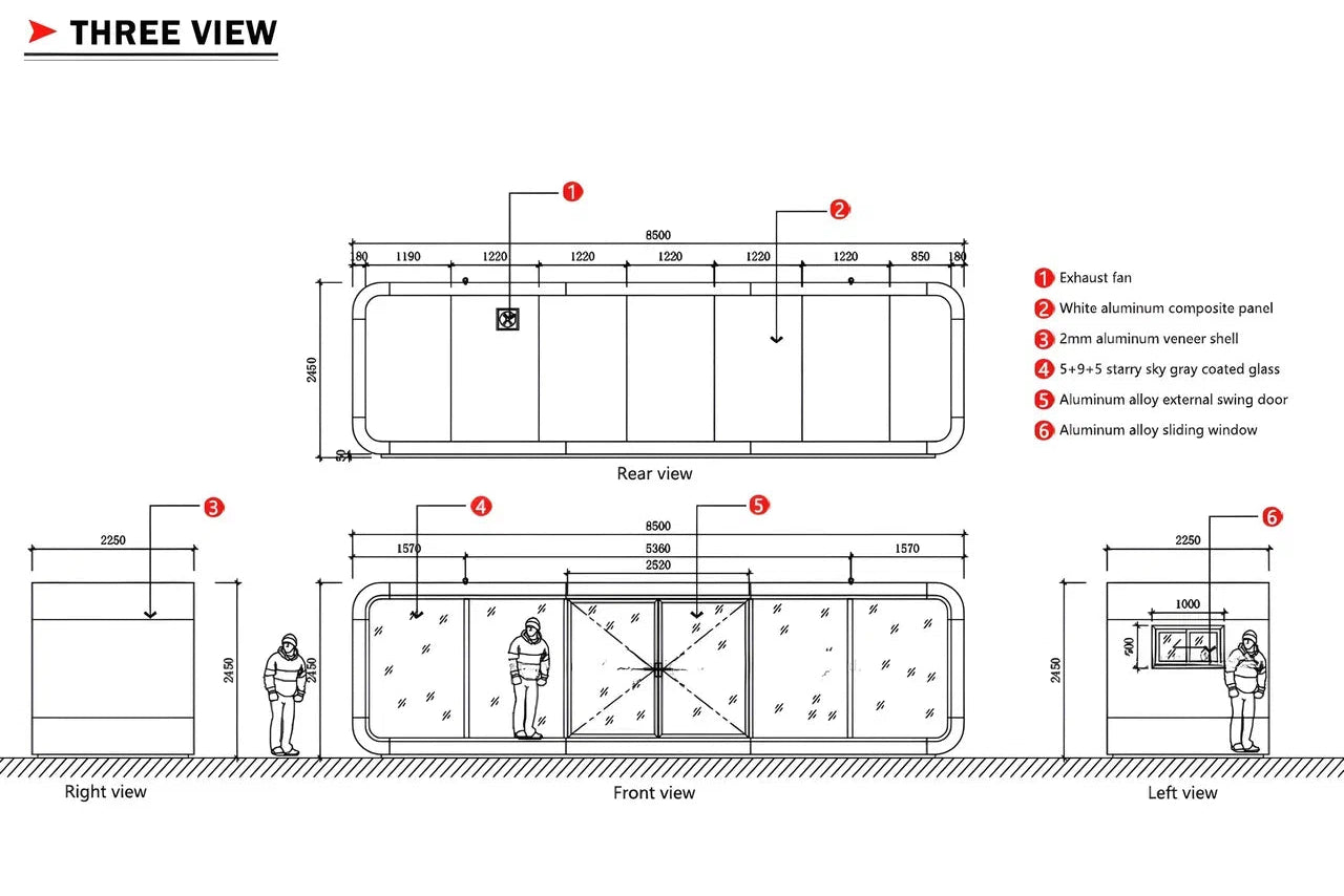 Technical drawing of a Ap-2 apple Cabin modular living unit with labeled dimensions and features on a white background.