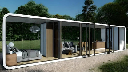 Modern modular AP-3 Extended  Apple Cabin home with glass walls in a natural setting.