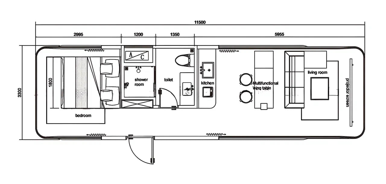 Floor plan diagram of a SX-3 space Capsule moodular unit pod layout with labelled sections.