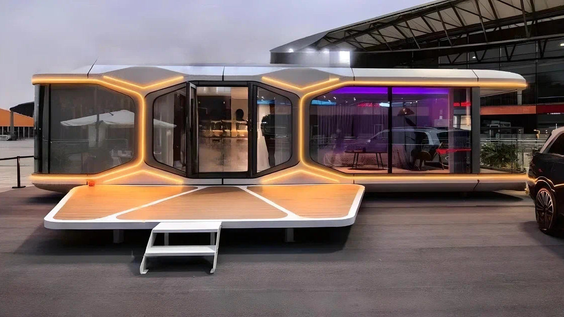 Modern, futuristic mobile office / hotel suite pod placed in the SX-3 Vista space capsule with glass walls.