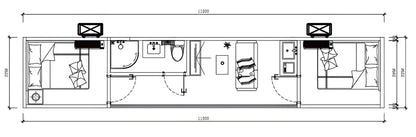 Floor plan of an Extended Apple Cabin with room labels and dimensions