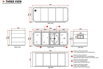 Technical drawing of a compact Apple Cabin modular unit with three views and dimensions on a white background