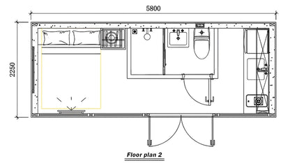 Floor plan of an Apple Cabin living space with dimensions and area details.