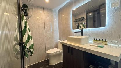 Bathroom with shower, toilet, and vanity area inside SX-1 Lite Space Capsule.